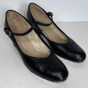 Vintage Capezio Black Leather  Mary Jane Tap Shoes with Heel Taps & Plate Size 8